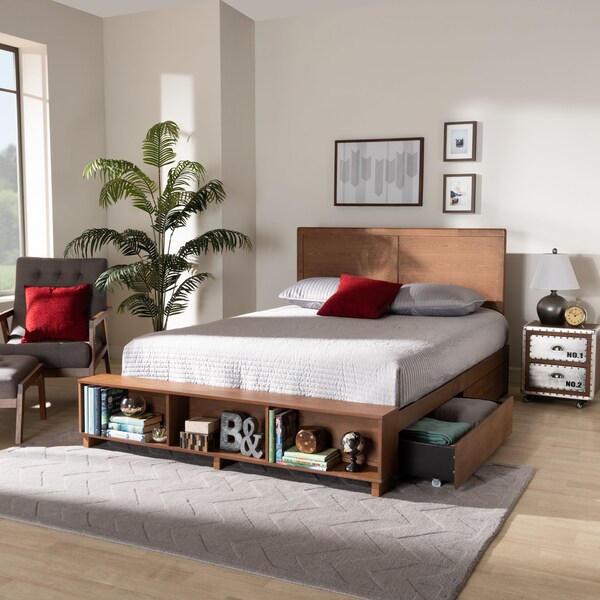 Baxton Studio Tamsin Wood Queen Size 4-Drawer Platform Bed with Built-In Shelves - 173-9420-10669