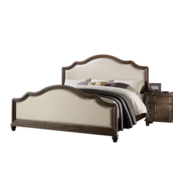 Homeroots 59 x 88 x 66 in. Baudouin Queen Size Bed Beige Linen and amp; Weathered Oak - 285904
