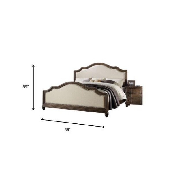 Homeroots 59 x 88 x 66 in. Baudouin Queen Size Bed Beige Linen and amp; Weathered Oak - 285904