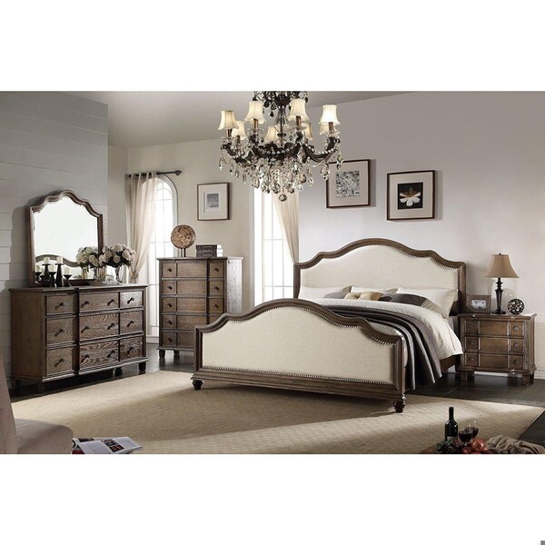 Homeroots 59 x 88 x 66 in. Baudouin Queen Size Bed Beige Linen and amp; Weathered Oak - 285904