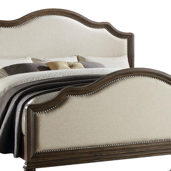 Homeroots 59 x 88 x 66 in. Baudouin Queen Size Bed Beige Linen and amp; Weathered Oak - 285904