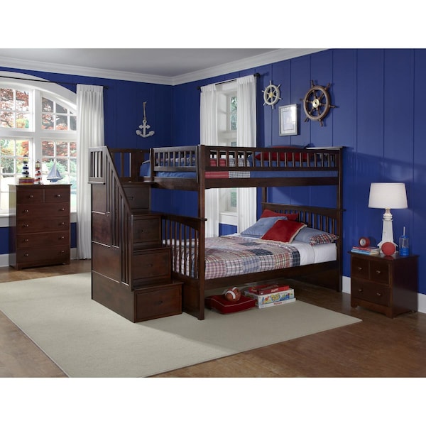 Atlantic Furniture Columbia Staircase Bunkbed With Urban Bed Drawers - Antique Walnut, Full Over Full Size - AB55844