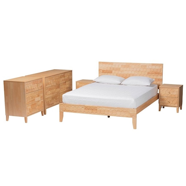Baxton Studio Hosea Japandi Carved Honeycomb Natural Queen Size 5-Piece Bedroom Set - 246-13619-13627-13627-13622-13623-ZORO