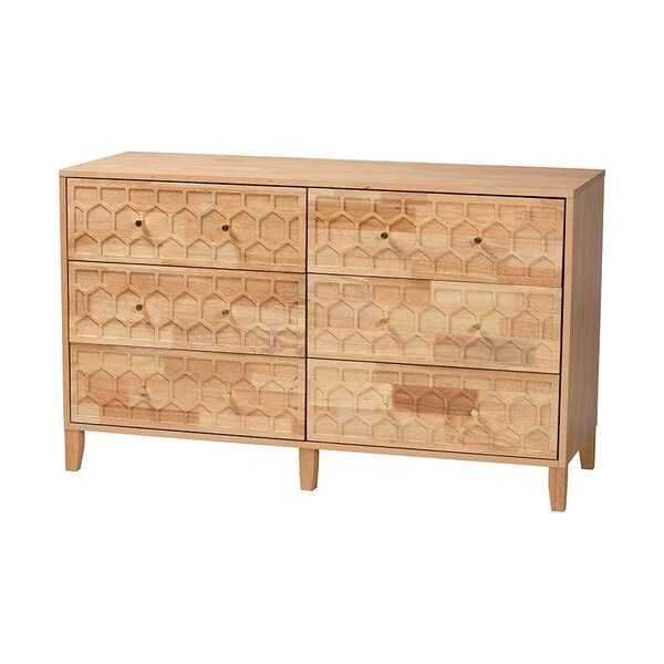Baxton Studio Hosea Japandi Carved Honeycomb Natural Queen Size 5-Piece Bedroom Set - 246-13619-13627-13627-13622-13623-ZORO