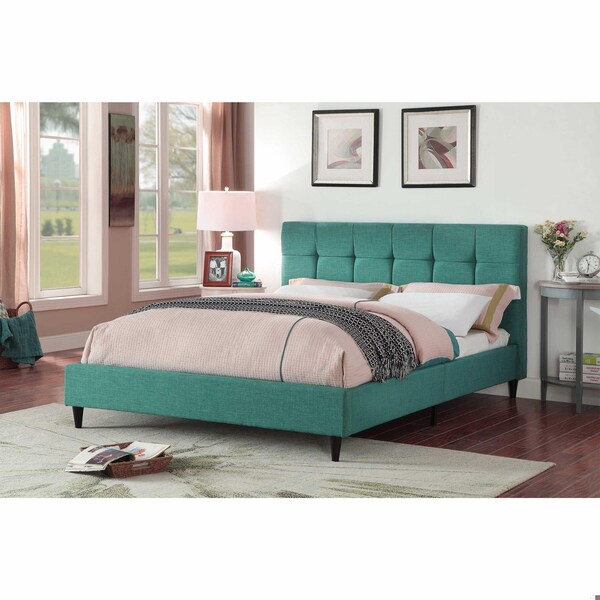 Homeroots Modern Upholstered Square Stitched Platform Bed With Wooden Slats Blue - Queen Size - 303546