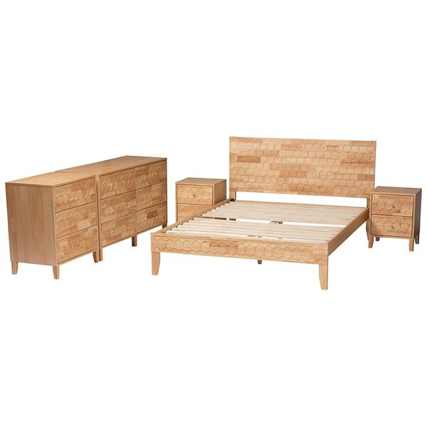 Baxton Studio Hosea Japandi Carved Honeycomb Natural King Size 5-Piece Bedroom Set - 246-13620-13627-13627-13622-13623-ZORO