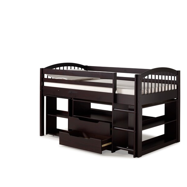 Alaterre Furniture Addison Wood Junior Loft Bed with Storage Drawers, Bookshelf, and Desk, Espresso - AJLA10P0S