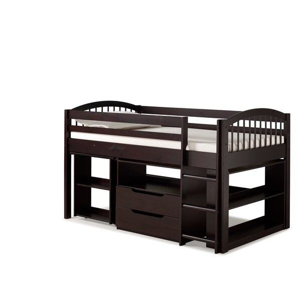 Alaterre Furniture Addison Wood Junior Loft Bed with Storage Drawers, Bookshelf, and Desk, Espresso - AJLA10P0S