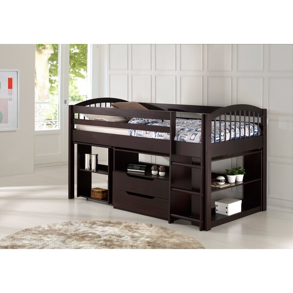 Alaterre Furniture Addison Wood Junior Loft Bed with Storage Drawers, Bookshelf, and Desk, Espresso - AJLA10P0S