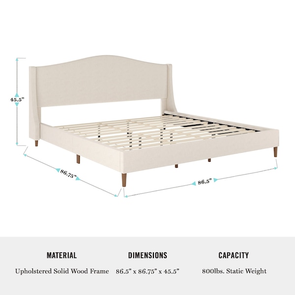 Martha Stewart Amelia King Upholstered Platform Bed w/Curved Headboard and Cushioned Siderails, Wood Slat, Beige - TW-3WDB02-K-BG-MS