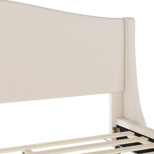 Martha Stewart Amelia King Upholstered Platform Bed w/Curved Headboard and Cushioned Siderails, Wood Slat, Beige - TW-3WDB02-K-BG-MS