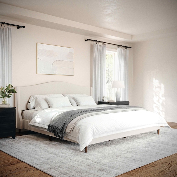 Martha Stewart Amelia King Upholstered Platform Bed w/Curved Headboard and Cushioned Siderails, Wood Slat, Beige - TW-3WDB02-K-BG-MS