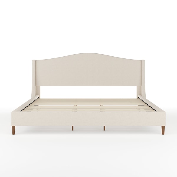 Martha Stewart Amelia King Upholstered Platform Bed w/Curved Headboard and Cushioned Siderails, Wood Slat, Beige - TW-3WDB02-K-BG-MS
