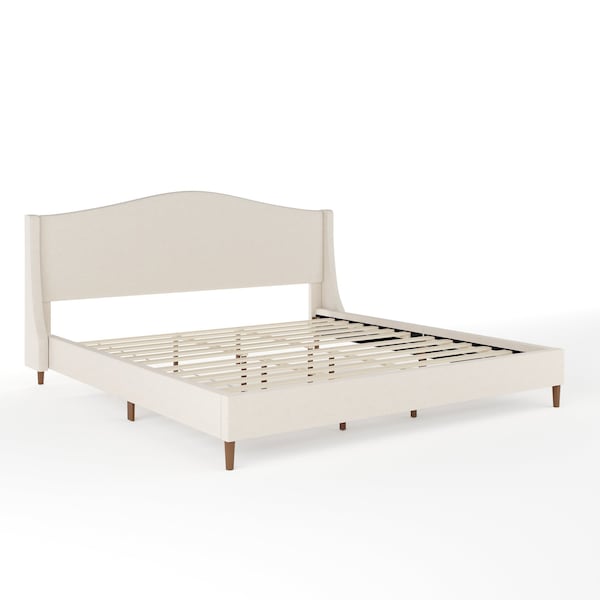 Martha Stewart Amelia King Upholstered Platform Bed w/Curved Headboard and Cushioned Siderails, Wood Slat, Beige - TW-3WDB02-K-BG-MS