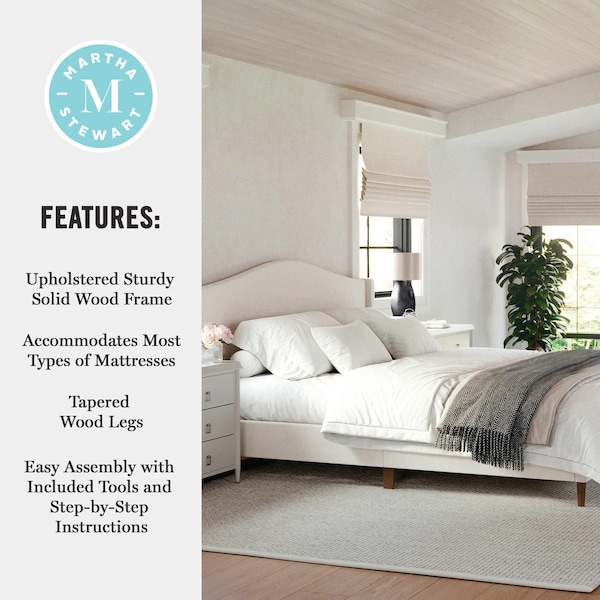 Martha Stewart Amelia King Upholstered Platform Bed w/Curved Headboard and Cushioned Siderails, Wood Slat, Beige - TW-3WDB02-K-BG-MS
