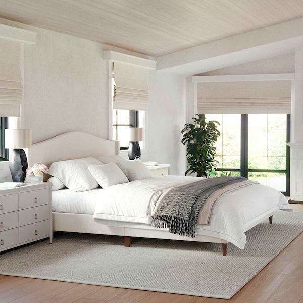 Martha Stewart Amelia King Upholstered Platform Bed w/Curved Headboard and Cushioned Siderails, Wood Slat, Beige - TW-3WDB02-K-BG-MS