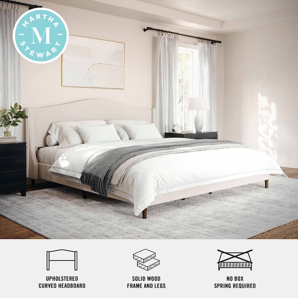 Martha Stewart Amelia King Upholstered Platform Bed w/Curved Headboard and Cushioned Siderails, Wood Slat, Beige - TW-3WDB02-K-BG-MS