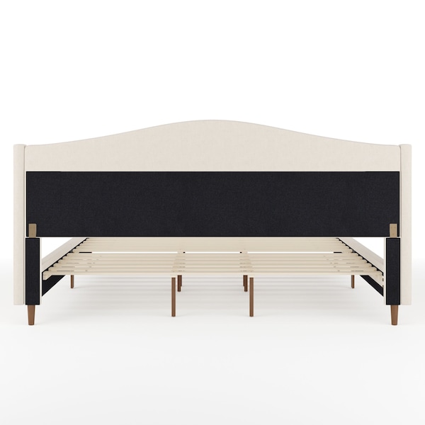 Martha Stewart Amelia King Upholstered Platform Bed w/Curved Headboard and Cushioned Siderails, Wood Slat, Beige - TW-3WDB02-K-BG-MS