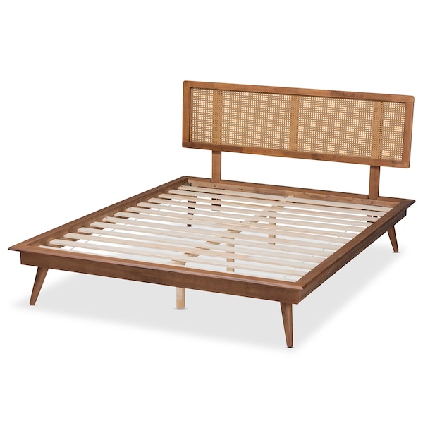 Baxton Studio Nura Mid-Century Modern Walnut Brown Finished Wood and Synthetic Rattan King Size Platform Bed - 190-9823-9805-ZORO