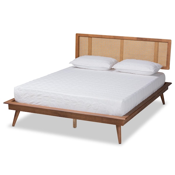 Baxton Studio Nura Mid-Century Modern Walnut Brown Finished Wood and Synthetic Rattan King Size Platform Bed - 190-9823-9805-ZORO