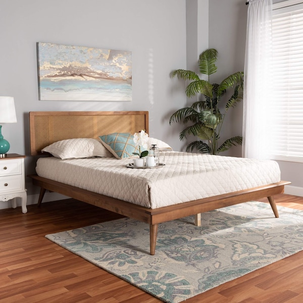 Baxton Studio Nura Mid-Century Modern Walnut Brown Finished Wood and Synthetic Rattan King Size Platform Bed - 190-9823-9805-ZORO