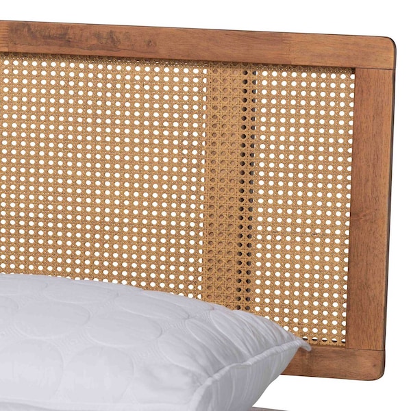 Baxton Studio Nura Mid-Century Modern Walnut Brown Finished Wood and Synthetic Rattan King Size Platform Bed - 190-9823-9805-ZORO
