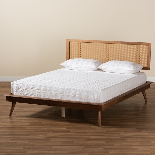 Baxton Studio Nura Mid-Century Modern Walnut Brown Finished Wood and Synthetic Rattan King Size Platform Bed - 190-9823-9805-ZORO