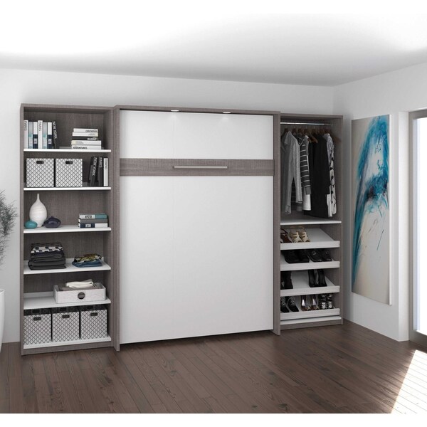 Bestar Cielo 119W Full Murphy Bed with 2 Shelving Units (118W), Bark Grey & White - 80894-47