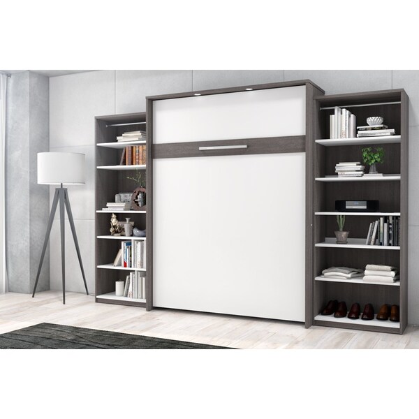 Bestar Cielo 119W Full Murphy Bed with 2 Shelving Units (118W), Bark Grey & White - 80894-47