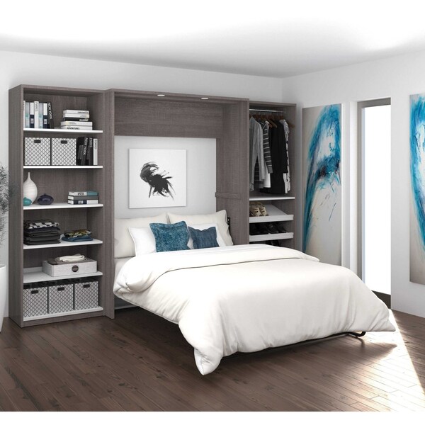 Bestar Cielo 119W Full Murphy Bed with 2 Shelving Units (118W), Bark Grey & White - 80894-47