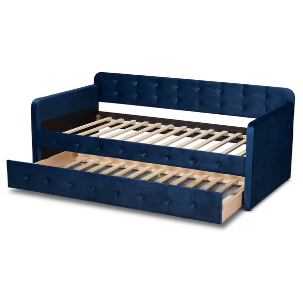 Baxton Studio Jona Blue Velvet and Button Tufted Twin Size Daybed with Trundle - 169-10844
