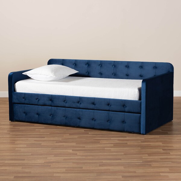 Baxton Studio Jona Blue Velvet and Button Tufted Twin Size Daybed with Trundle - 169-10844