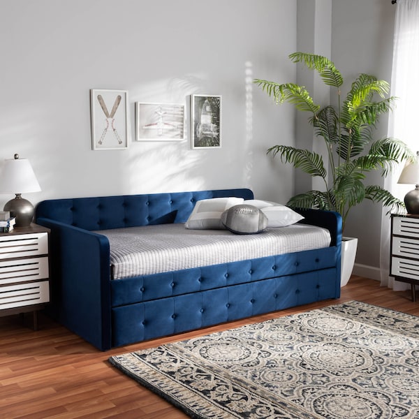 Baxton Studio Jona Blue Velvet and Button Tufted Twin Size Daybed with Trundle - 169-10844
