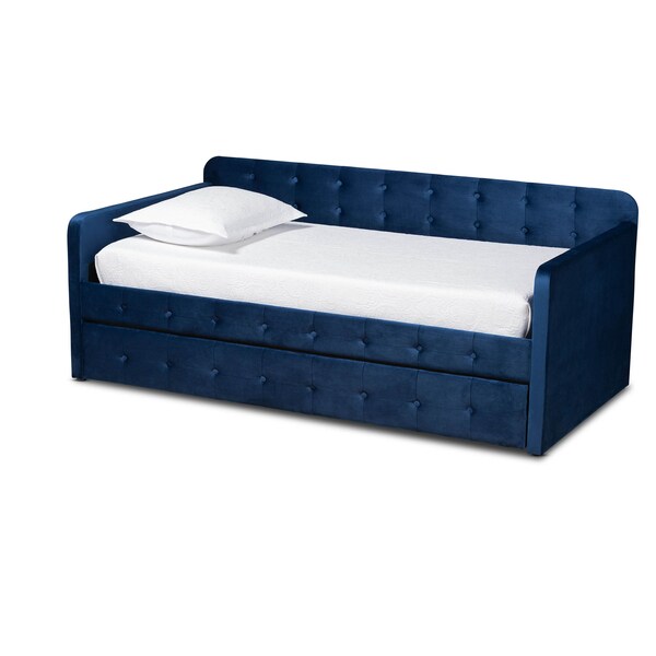 Baxton Studio Jona Blue Velvet and Button Tufted Twin Size Daybed with Trundle - 169-10844