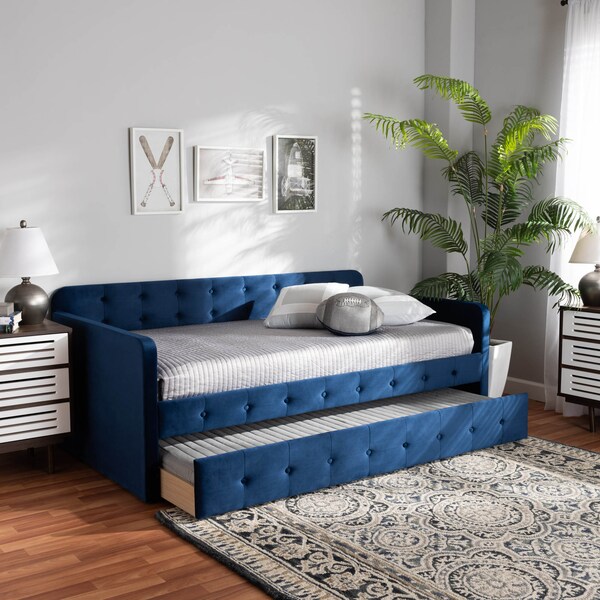 Baxton Studio Jona Blue Velvet and Button Tufted Twin Size Daybed with Trundle - 169-10844