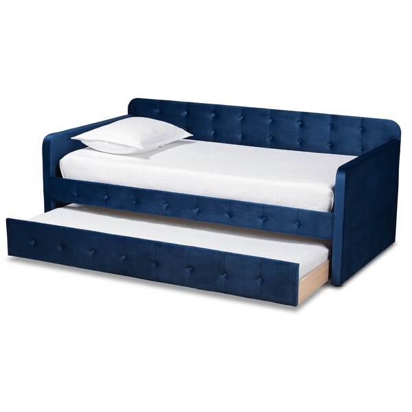 Baxton Studio Jona Blue Velvet and Button Tufted Twin Size Daybed with Trundle - 169-10844