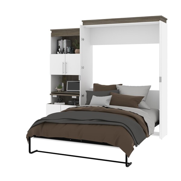 Bestar Orion Queen Murphy Bed and Shelving Unit with Fold-Out Desk (95W), White & Walnut Grey - 116875-000017