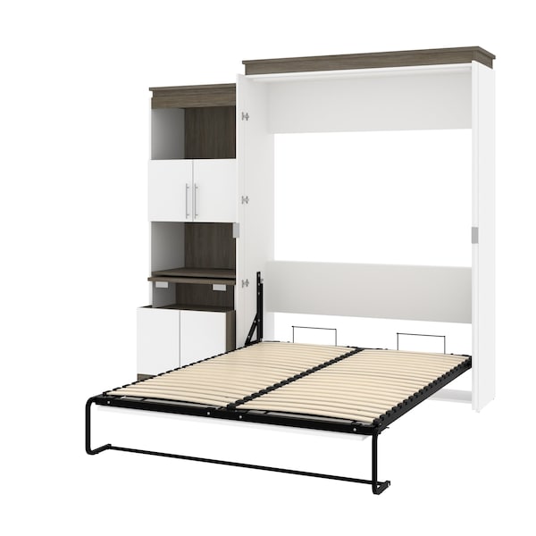 Bestar Orion Queen Murphy Bed and Shelving Unit with Fold-Out Desk (95W), White & Walnut Grey - 116875-000017