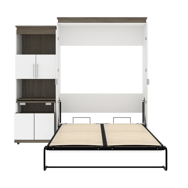 Bestar Orion Queen Murphy Bed and Shelving Unit with Fold-Out Desk (95W), White & Walnut Grey - 116875-000017