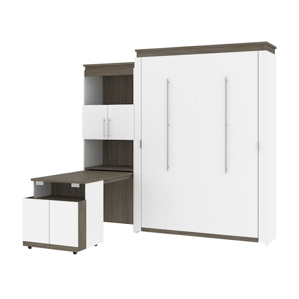 Bestar Orion Queen Murphy Bed and Shelving Unit with Fold-Out Desk (95W), White & Walnut Grey - 116875-000017