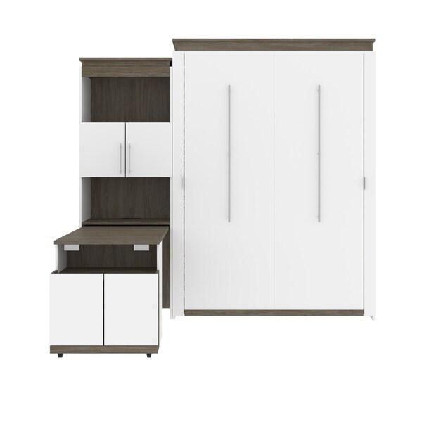 Bestar Orion Queen Murphy Bed and Shelving Unit with Fold-Out Desk (95W), White & Walnut Grey - 116875-000017