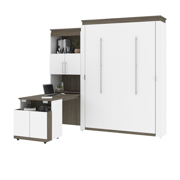 Bestar Orion Queen Murphy Bed and Shelving Unit with Fold-Out Desk (95W), White & Walnut Grey - 116875-000017