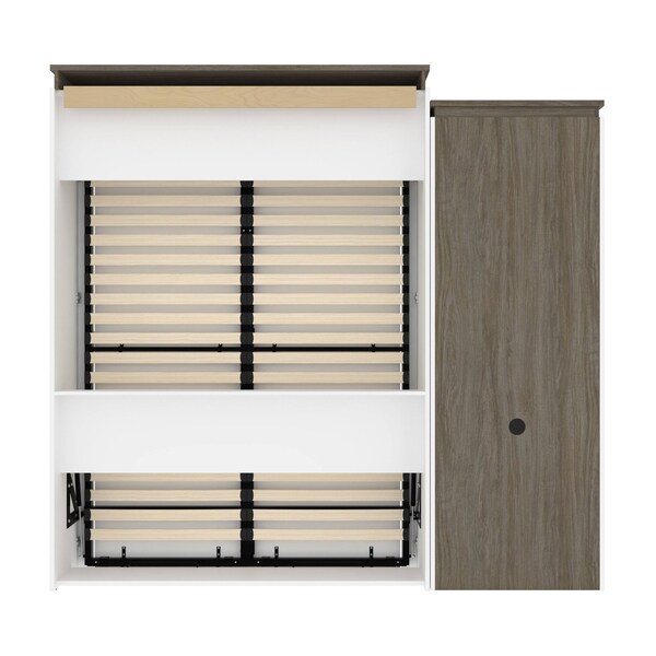Bestar Orion Queen Murphy Bed and Shelving Unit with Fold-Out Desk (95W), White & Walnut Grey - 116875-000017