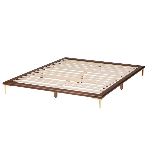 Baxton Studio Channary Mid-Century Modern Walnut Brown Finished Wood and Gold Metal King Size Bed Frame - 238-13266-ZORO