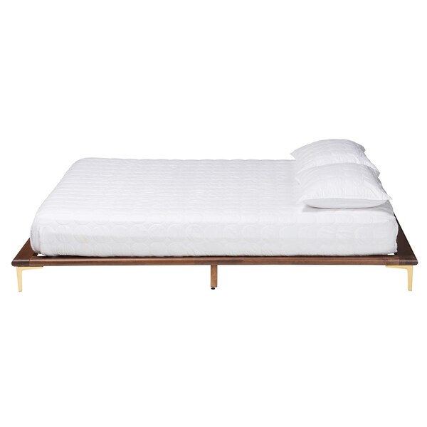 Baxton Studio Channary Mid-Century Modern Walnut Brown Finished Wood and Gold Metal King Size Bed Frame - 238-13266-ZORO