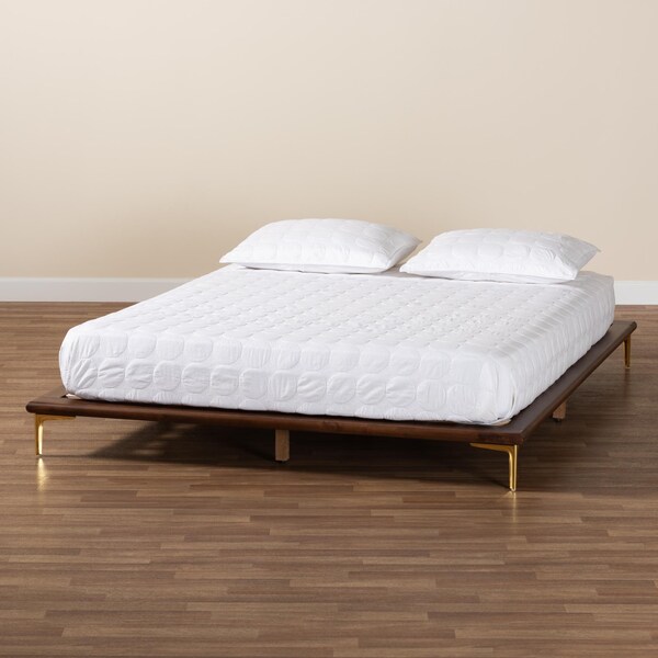Baxton Studio Channary Mid-Century Modern Walnut Brown Finished Wood and Gold Metal King Size Bed Frame - 238-13266-ZORO