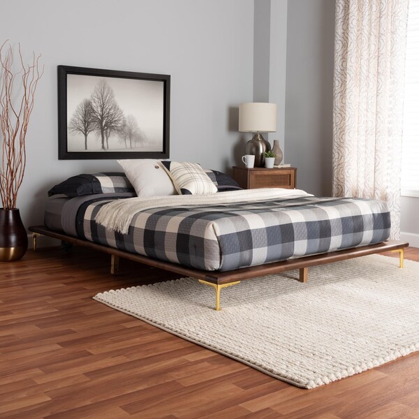Baxton Studio Channary Mid-Century Modern Walnut Brown Finished Wood and Gold Metal King Size Bed Frame - 238-13266-ZORO
