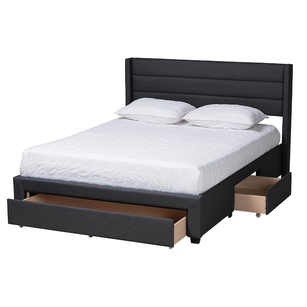 Baxton Studio Braylon Transitional Charcoal Grey Fabric and Dark Brown Finished Wood 3-Drawer Platform Bed-Queen - 232-13079-ZORO