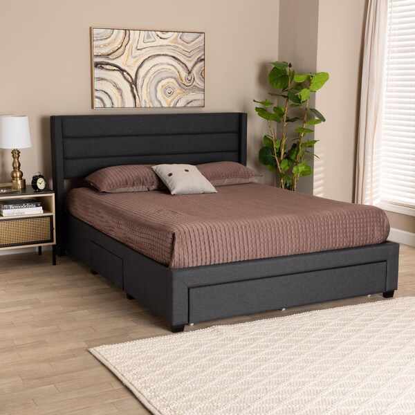 Baxton Studio Braylon Transitional Charcoal Grey Fabric and Dark Brown Finished Wood 3-Drawer Platform Bed-Queen - 232-13079-ZORO