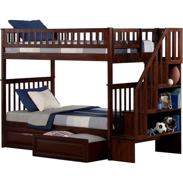 Atlantic Furniture Woodland Staircase Bunk Bed With Raised Panel Bed Drawers, Antique Walnut - AB56624